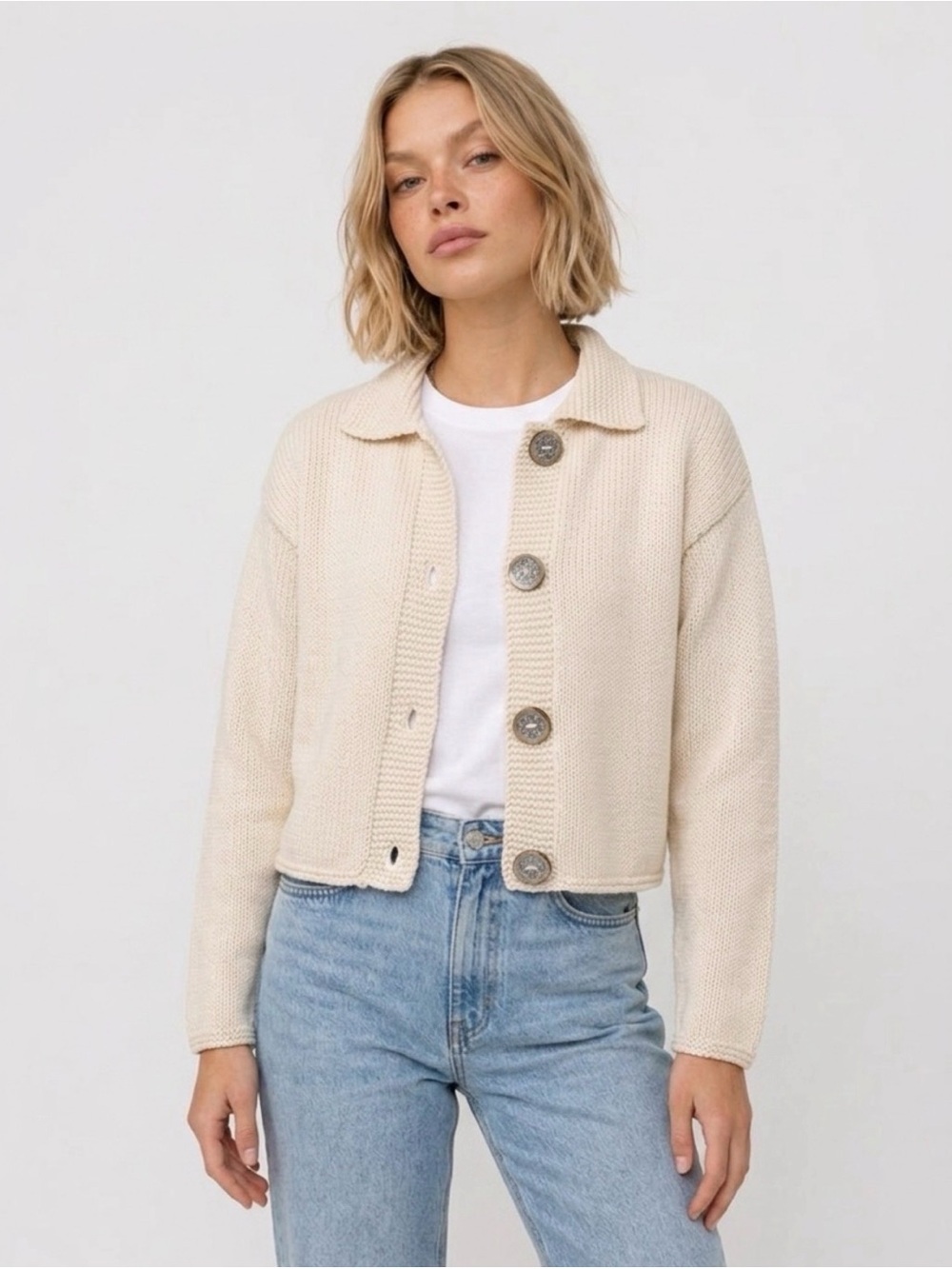 PURE Collection HAND KNIT Cream Button-Front CARDIGAN SWEATER SIZE SMALL NEW